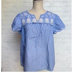 Kim Rogers Women's 100% Cotton Blue White Embroidered Scalloped Top sz M